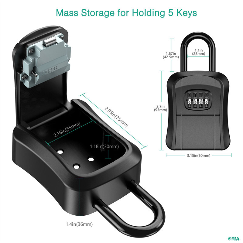 ORIA Key Storage Lock Box, 4 Digit Combination Key Safe Security Box 5 Keys Capacity for House Key Storage Combo Door Locker