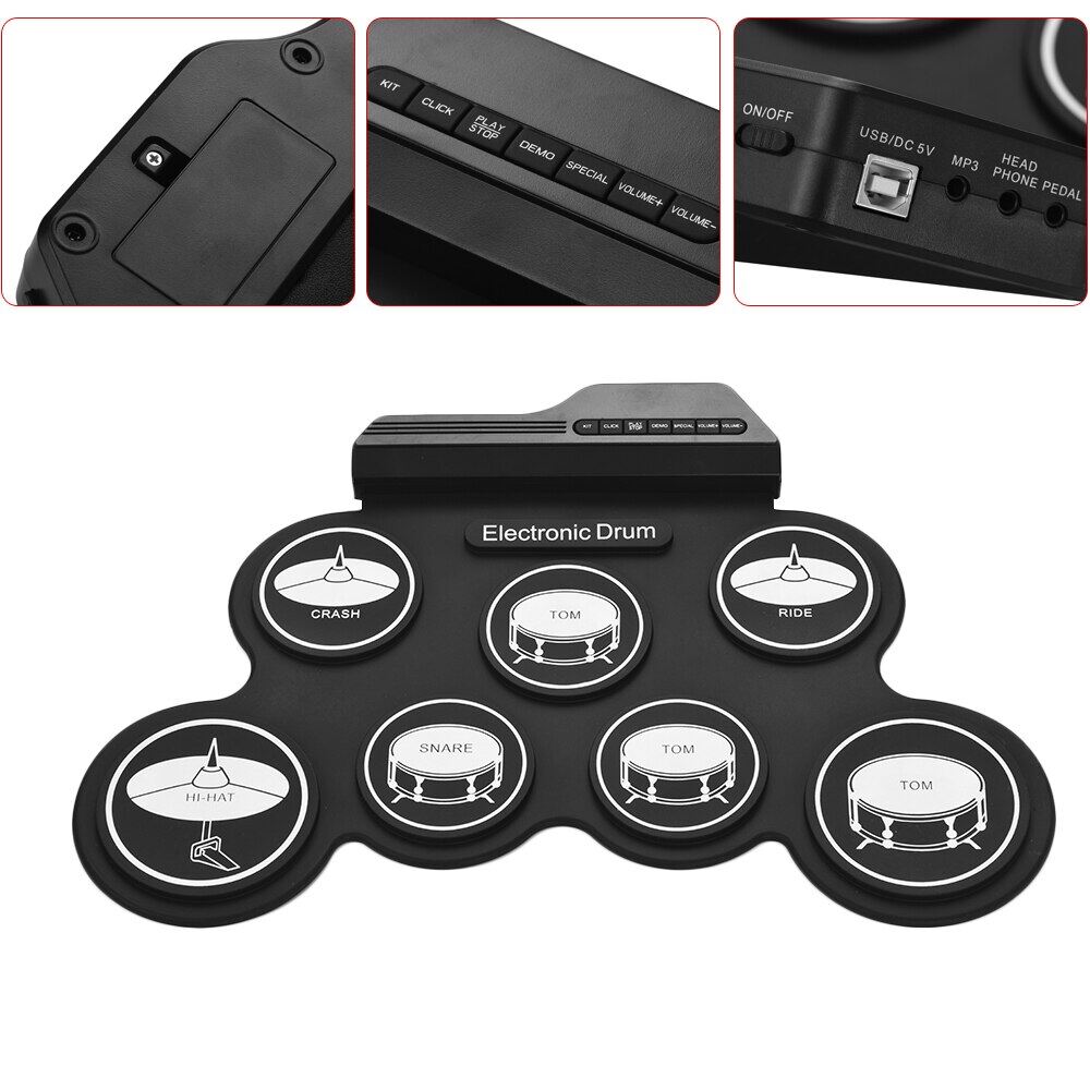 Trống Bộ Trống điện tử kích thước nhỏ gọn USB gấp Silicon đệm trống kỹ thuật số Bộ trống điện tử 7-Pad với bàn đạp chân có dùi trống