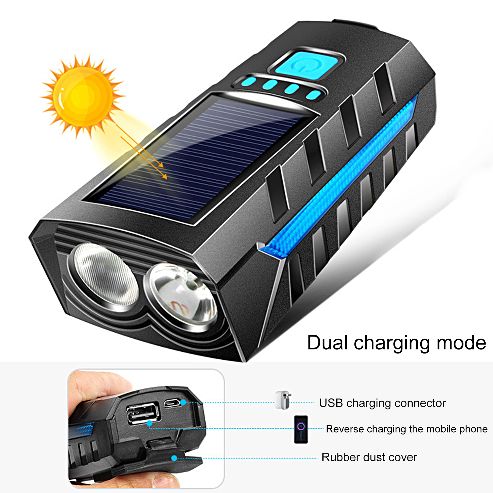 1 Bộ Loa Lớn Chống Nước Hai Đèn Cho Xe Đạp Đèn Chiếu Sáng 3 Chế Độ Độ Sáng Cao Đèn Kép Sạc Năng Lượng Mặt Trời Đèn Mạnh Cho Đèn Còi Xe Đạp Ngoài Trời