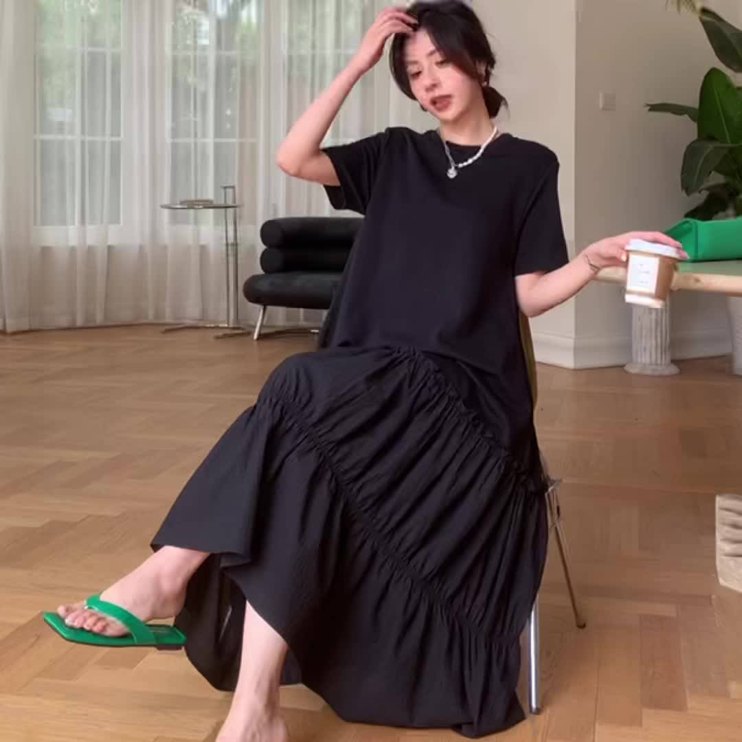 L42487# Pregnancy Dress Pleated Design Dress Plus Size Short Sleeve Women Korean Style Patchwork Summer New Arrival Pregnacy Dress