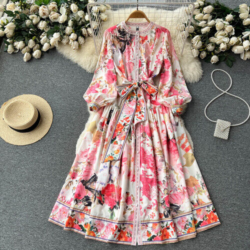 Gorgeous and Elegant Long Sleeve Round Neck Single Breasted Large Swing Dress Women's French Slim Fit Elegant and Light Mature Style Printed Long Dress