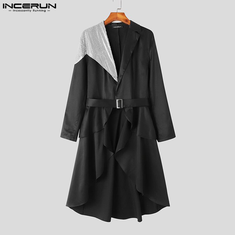 Beehoo INCERUN Men's Long Sleeve Formal Party Blazer Coat Sequin Trench Coat Outwear Cardigan