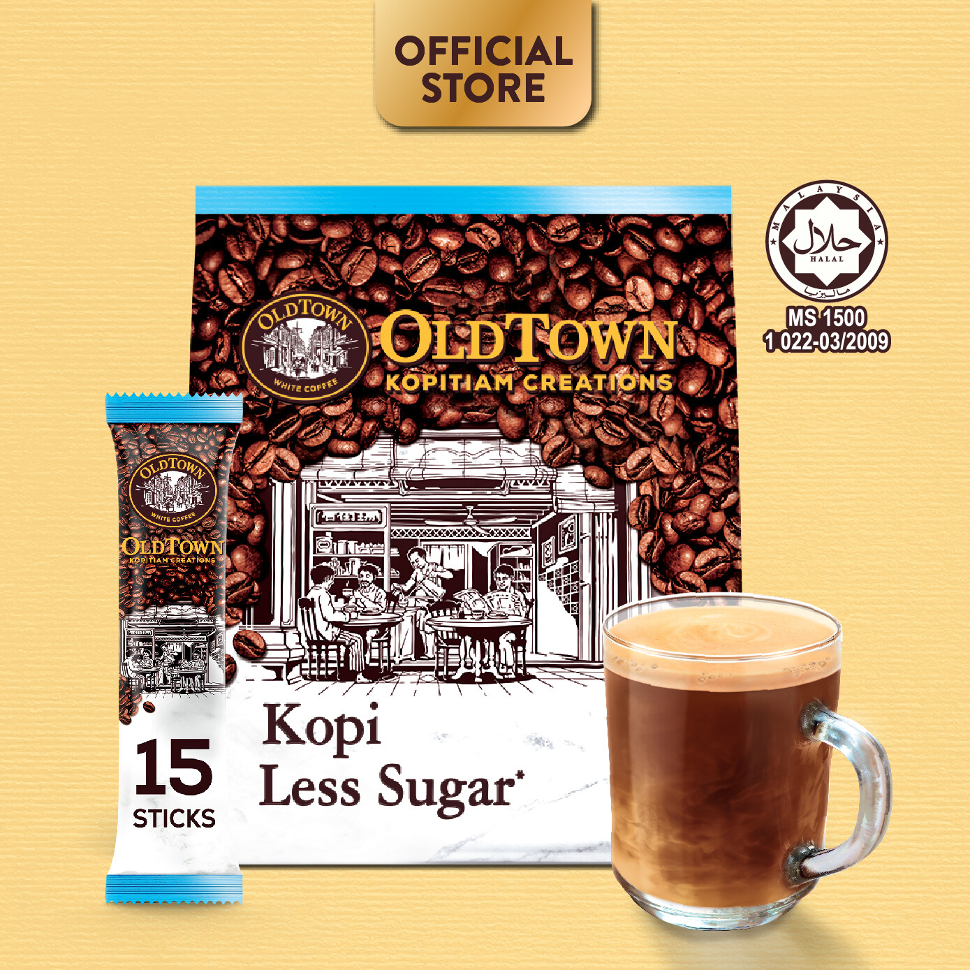 OLDTOWN Kopitiam Smooth Roast Kopi Less Sugar, 15 Sticks [HALAL] Lazada