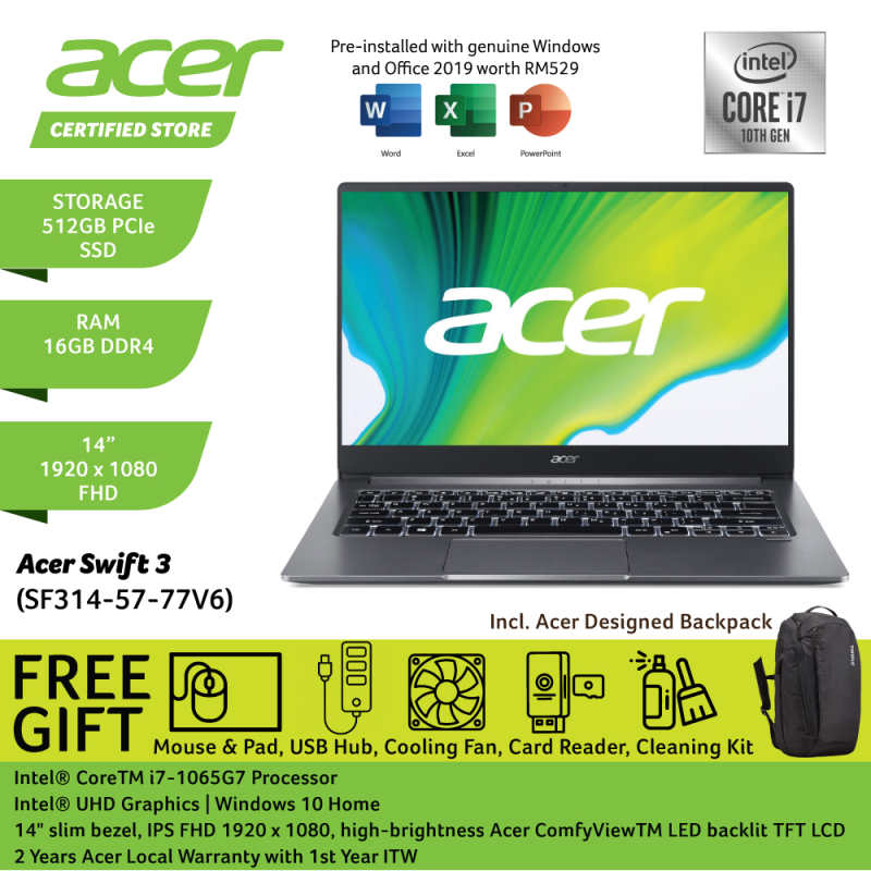 Acer Swift 3 SF314-57-77V6 14 FHD Laptop Steel Grey ( i7-1065G7, 16GB, 512GB SSD, Intel, W10, HS ) Malaysia