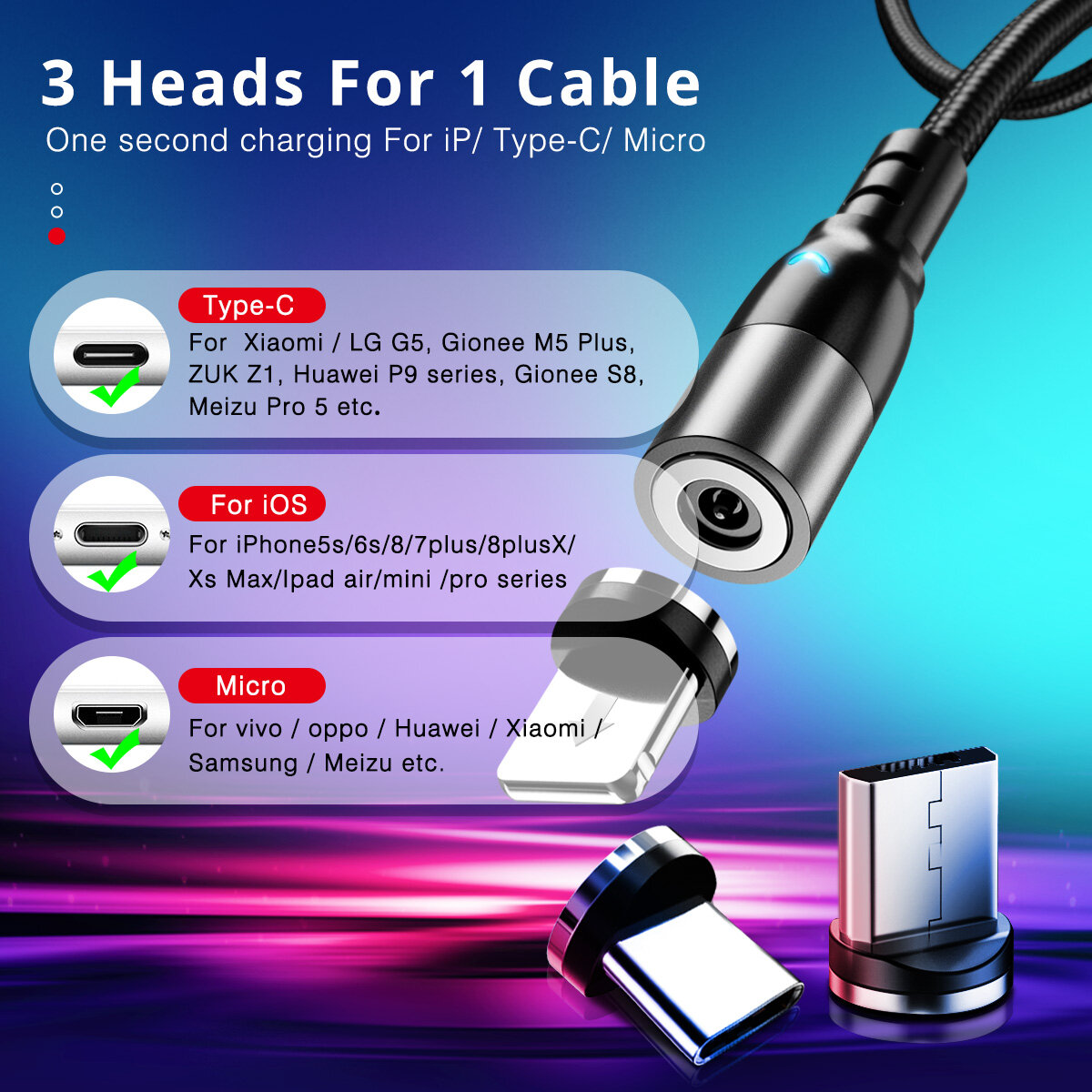 FONKEN 3 Trong 1 Cho Xiaomi Redmi Note7 Lưu Ý 8 Cáp Điện Thoại Sạc Cáp Sạc Nam Châm Loại-C Micro USB Cho LG Vivo Oppo HTC Nam Châm Dây Cáp Sạc Cho IPhone 12 6 XR X 8 Cộng Với Sạc Từ Cáp