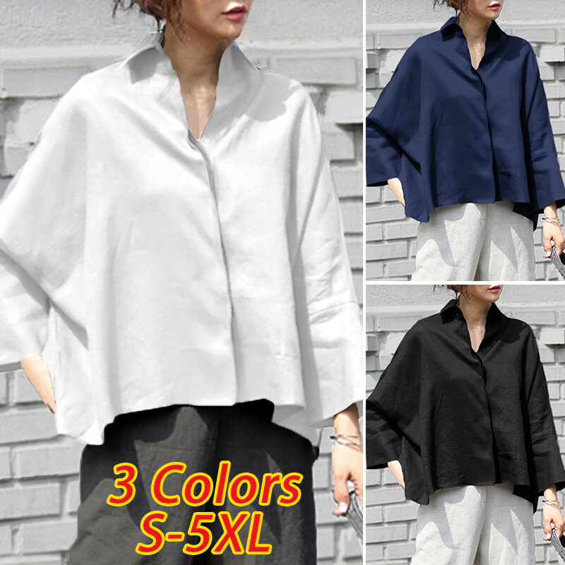 VONDA Womens Long Sleeve Casual Plain Blouse Office OL Shirt Plus Size Basic Tops Tee Plus Size (Korean Causal)