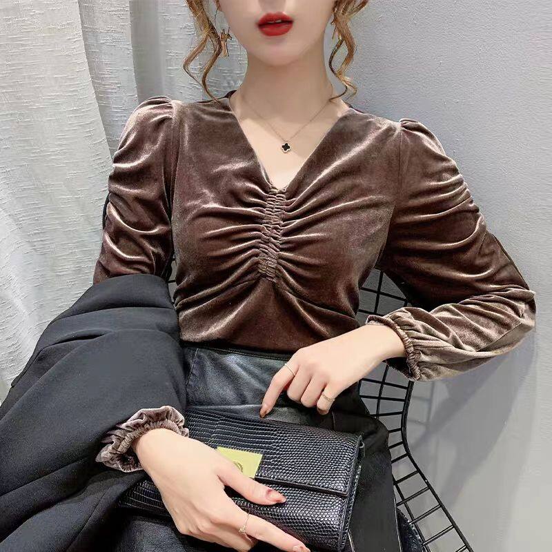 Gold Velvet Bottoming Shirt Women Loose Wild Puff Sleeve Top