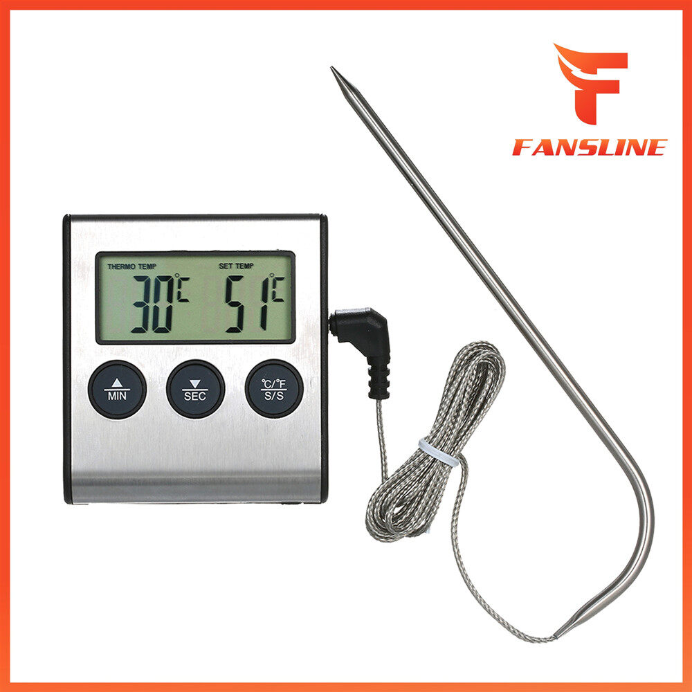 BBQ Grill Thermometer Food Thermometer 0~250°C Food Cooking Thermometer with Alarm Timer Function LCD Digital Food Temperature Gauge for Kitchen BBQ Steak Barbecue