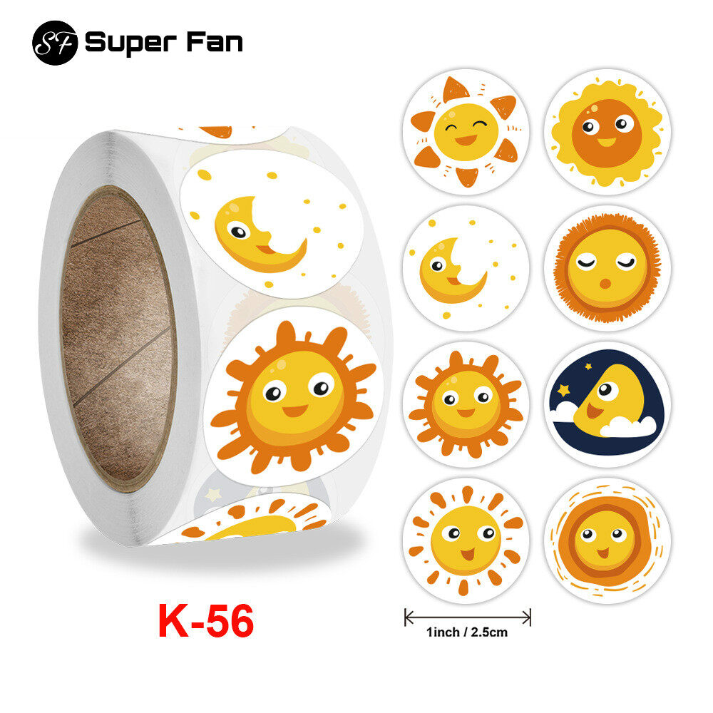 (Super Fan) 500Pcs/Roll 8 Styles Round Cartoon Sun Smiley Kids Reward Stickers Gifts Labels for Teacher