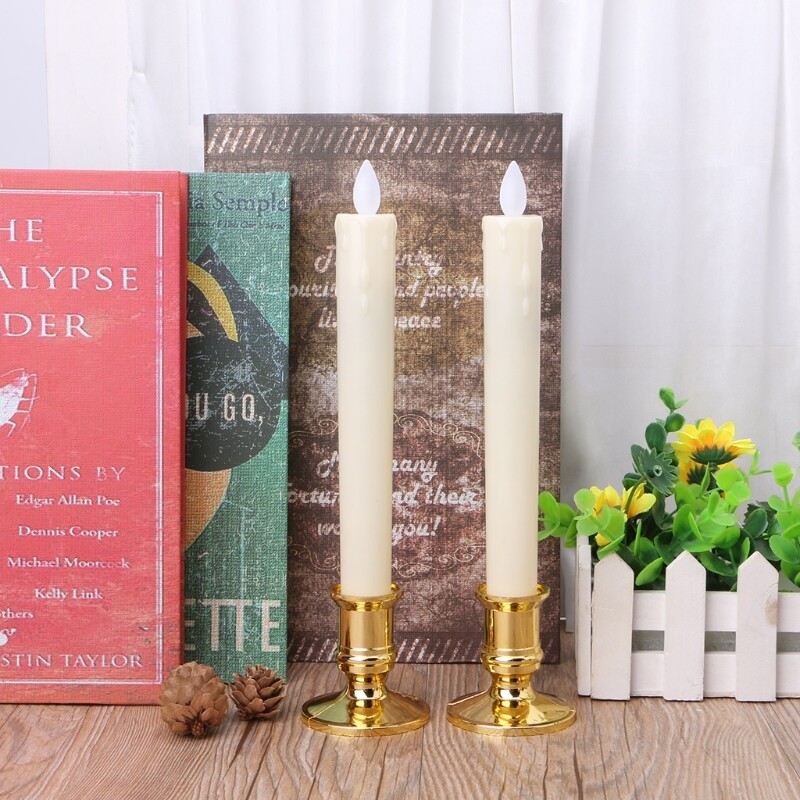 2Pc Electric Flickering Flameless Led Candle Lights With Removable Gold Base