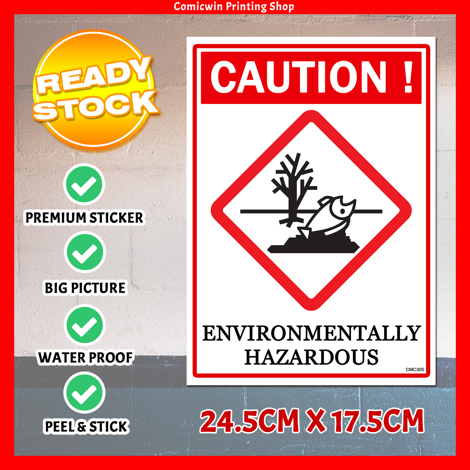 CMC305 Enviroment Hazard Sticker (24.5x17.5cm) COSHH Sign Sticker