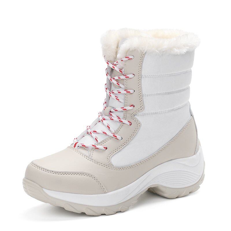 BIZOT Classic Winter Women's Snow Boots Waterproof Fur Women Boots Slip on Warm Plush Boots Wedges Lace-Up Mid-Calf Boot