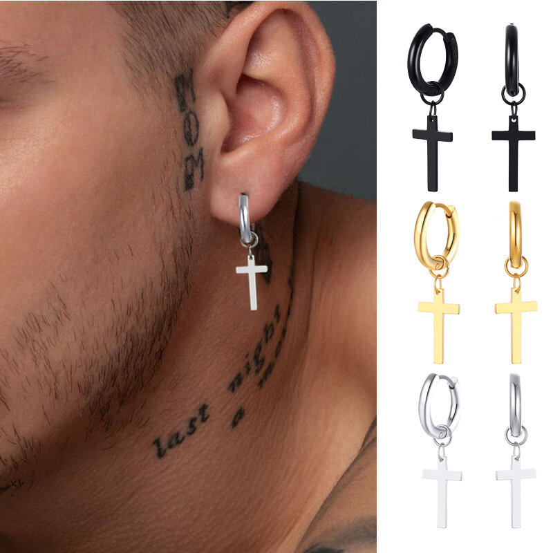 1Pc Hip-hop Round Hasp Stainless Steel Earring with Cross Charm for Guys Men's Jewelry