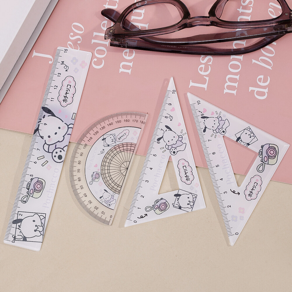 4pcs/set SANRIO Student Ruler Set 15cm Ruler Triangular Compass Measuring Kit for Students School Use