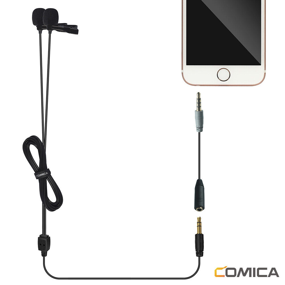 Comica CVM-D02B Dual-head Wired Lapel Microphone Lavalier Condenser Microphone Omnidirectional Double Lav Mic for Phone Camera Gopro(3.5mm TRS)