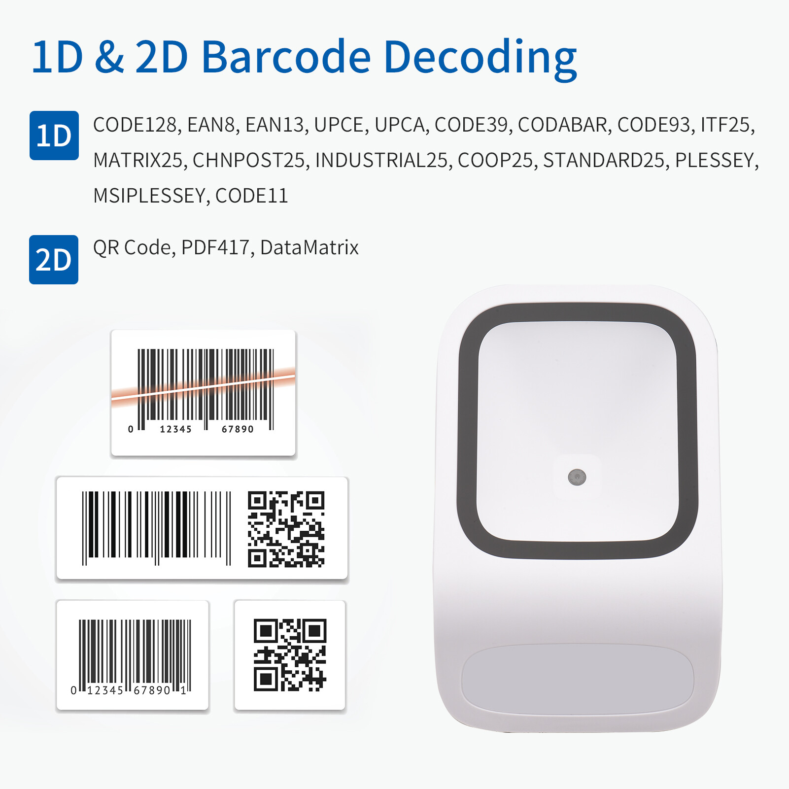 KKmoon 1D 2D QR Desktop Barcode Scanner Platform Hands-free USB Wired Bar Code Reader Scanner Plug&Play Compatible with Window Android System Large Scanning Window