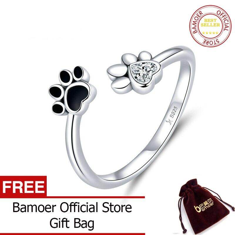BAMOER Authentic 925 Silver Pets' Footprint Finger Rings For Women Ajustable Ring SCR605