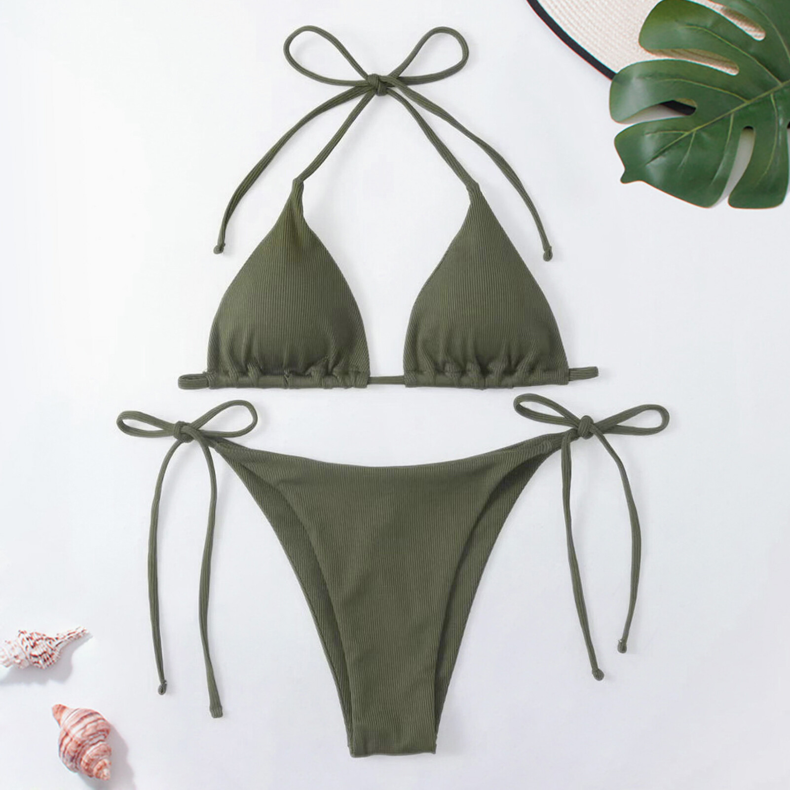 Witty Code 2Pcs/Set Ribbed Backless Pads Bikini Set Halter Triangle Bra Side Tie Thong Swimwear Beachwear Bikini Set Ribbed