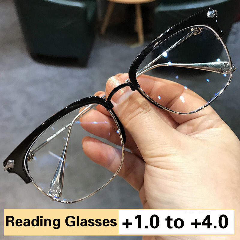 Kính Đọc Sách Nửa Gọng Hoài Cổ + 1.0 Đến + 4.0 Kính Vuông Chặn Ánh Sáng Xanh Siêu Nhẹ Hợp Kim Titan Gọng Nam Kính Viễn Thị