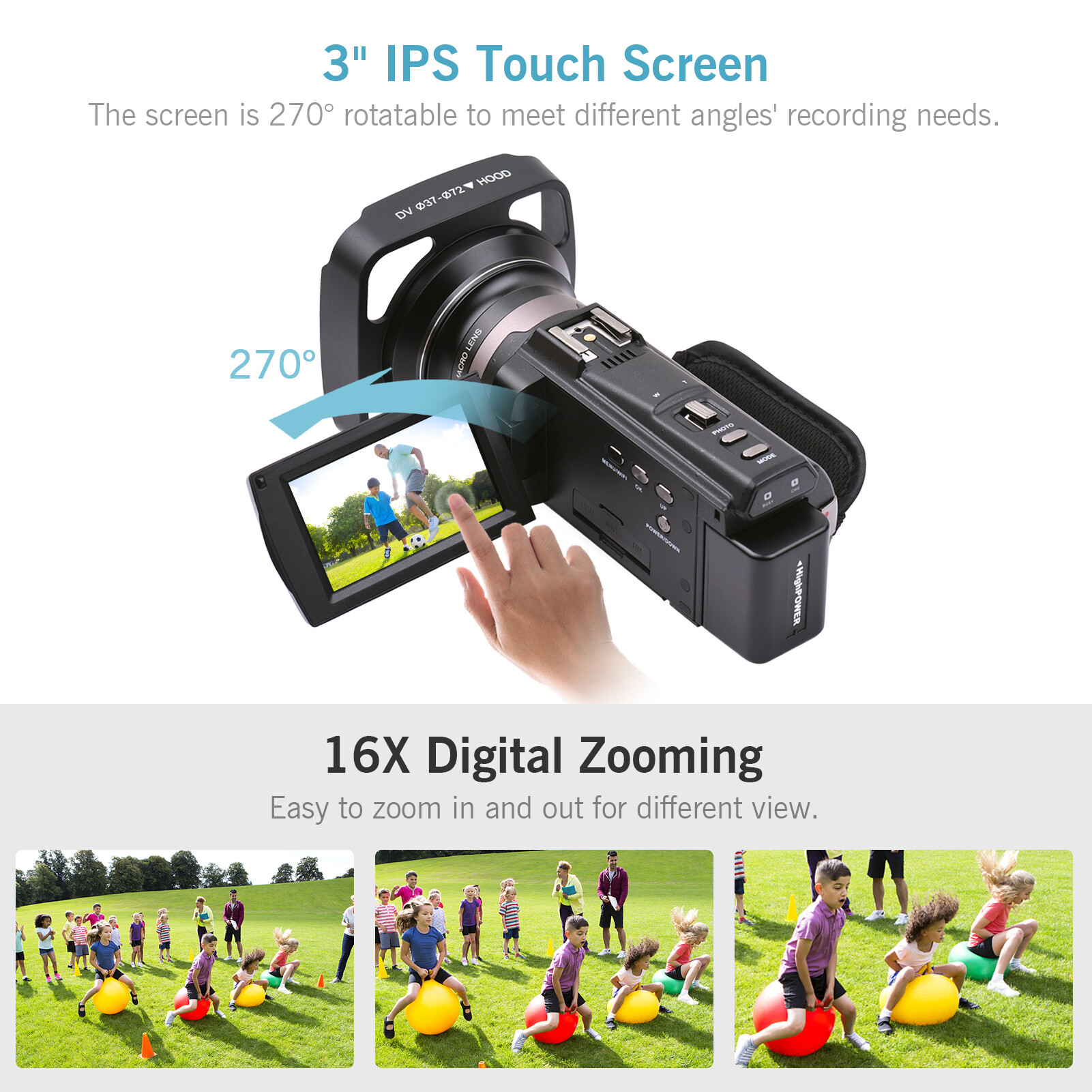 Andoer Compacte digitaal fotocamera, 4K 48 MP, 6,1 cm (2,4 inch), digitale zoom, 16-voudige gezichtsherkenning, anti-vibratie, schoonheidseffect, bewegingsdetectie, ingebouwd