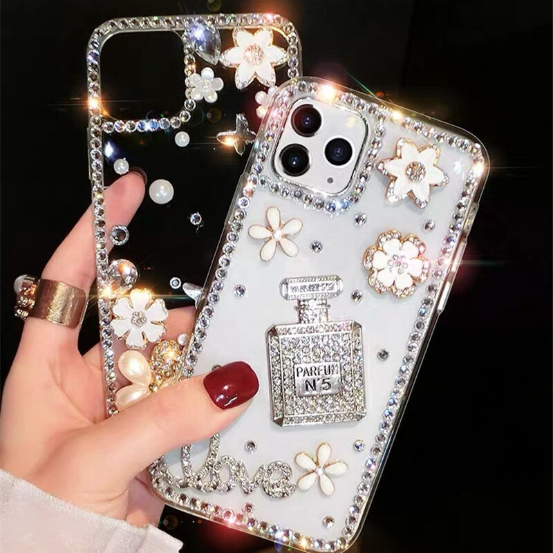 Luxury Glitter 3D Rhinestone Crystal Diamond Perfume Bottle Flower Pearl Phone Case for IPhone 14 15 Pro Max 13 12 Pro Max Mini 11 XR XS Max X 7 8 Plus 6 6s Plus SE 2022 Transparent Bumper Back Cover