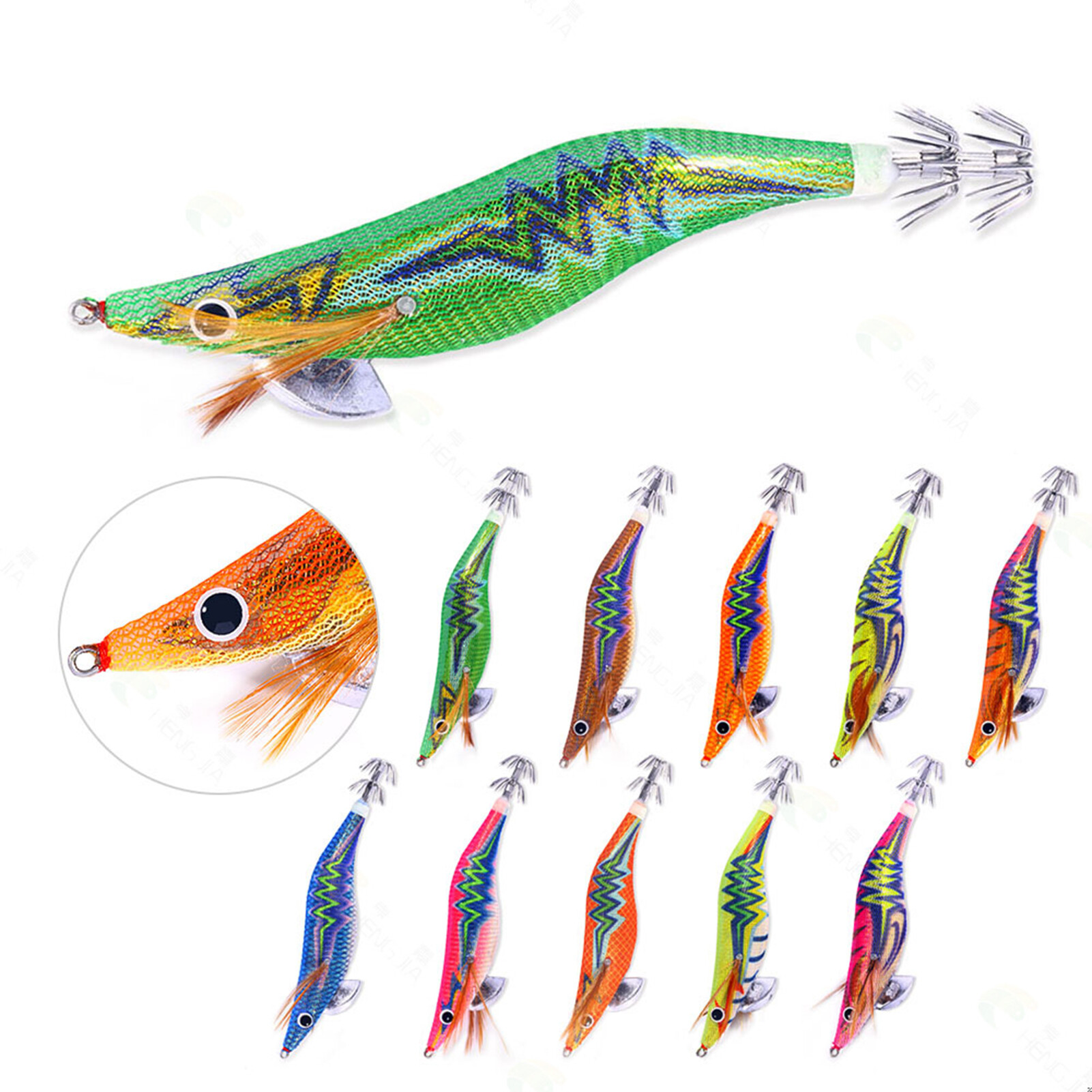 Ghxdryuru Squid Hook Bait Sharp Hook Simulation Design Luminous Angling Wooden Shrimp Luminated Squid Bait Outdoor Fishing