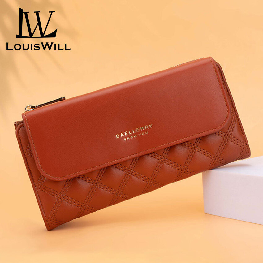 LouisWill Women's Wallet Three Fold Wallet Simple Fashion Purse Large Capacity Money Bag Female Long Wallet Ladies Money Bag PU Leather Card Wallet Mobile Phone Wallet With Hand Strap