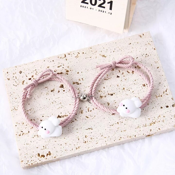WHC Jewelry 2pc Cute Bear Couple Bracelet for Women White Rabbit Design Hand Woven Accessories