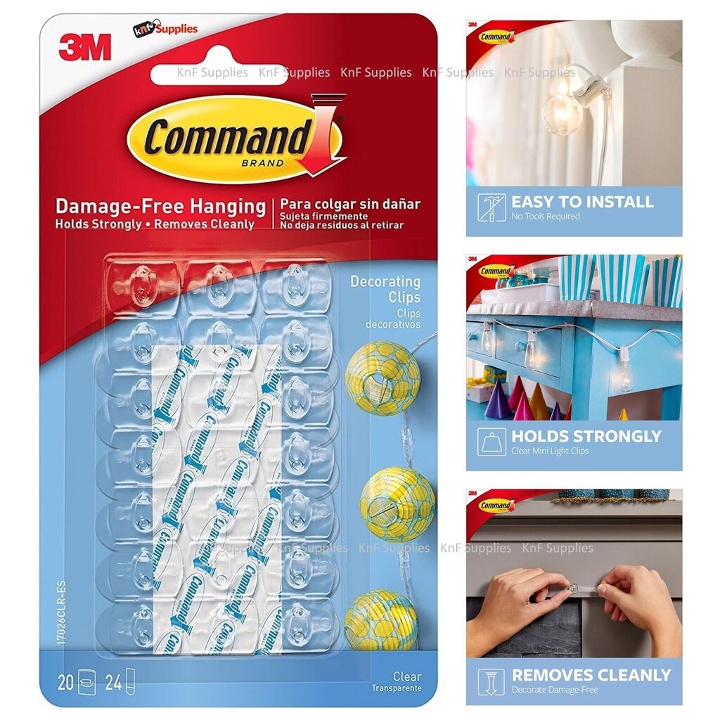 20 clips, 24 strips,3M Command Decorating Clips Damage-Free Hanging cable hook clear plastic hooks small plastic hook