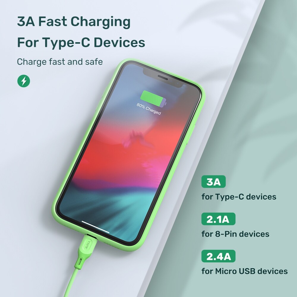 [ELEGANT] TOPK AN84 Micro USB Type C Cable for XiaoMi redmi note 9 3A Fast Charging Liquid Silicone Mobile Phone Data Cable for Samsung