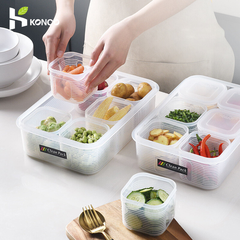 Konco 1 set  Ginger Garlic Storage Box Refrigerator Fridge Transparent Fruit Storage Box Fresh Keeping Container With Lid Organizer 1 large box and 6 small box