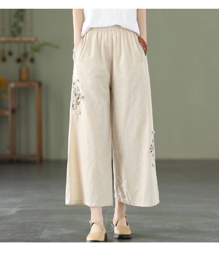 Quần ống Rộng Nữ Bông Và Lanh Thêu Dân Tộc Quần Baggy Nữ Lưng Cao Khóa Văn Học Cổ điển Quần âu