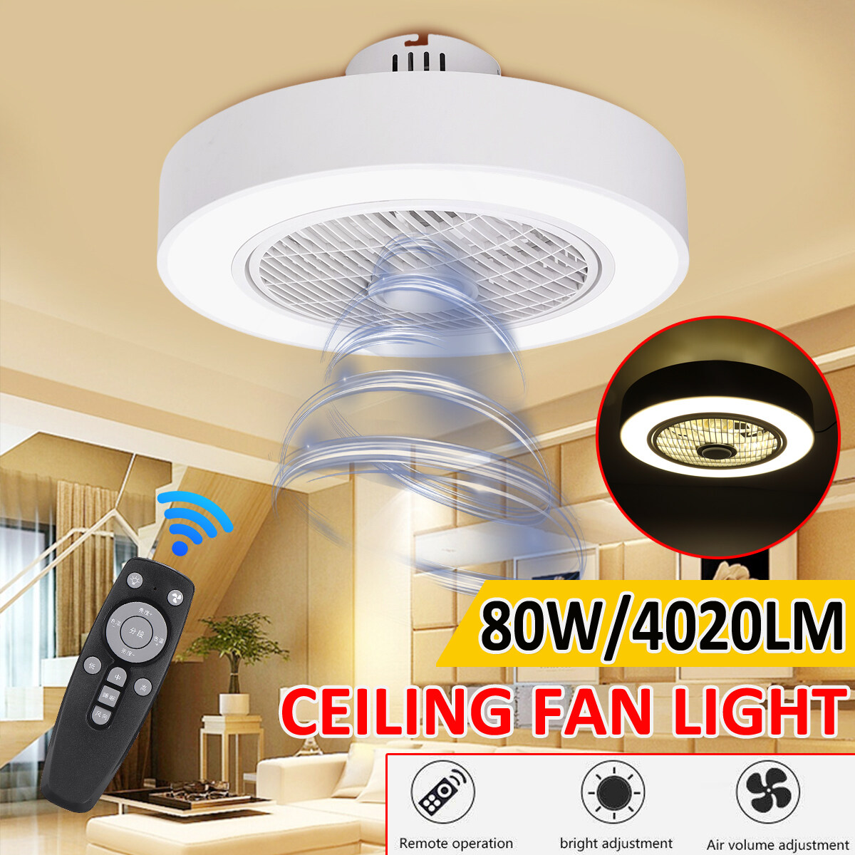 Ceiling Fan With Light Remote Control LED Ceiling Lamp Dimmable Bedroom Office