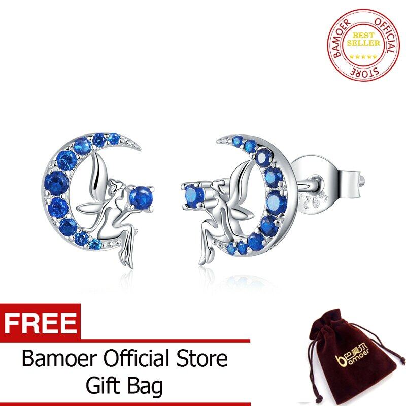 BAMOER Authentic 925 Sterling Silver Fairy on the Blue Moon Stud Earrings for Women Cute Anti-allergy Silver Jewelry BSE376