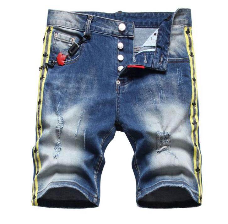 Men Light Blue Denim Shorts New Summer Holes Shorts Jeans High Quality Male Stretch Fit Ripped Denim Jeans Shorts Size 42