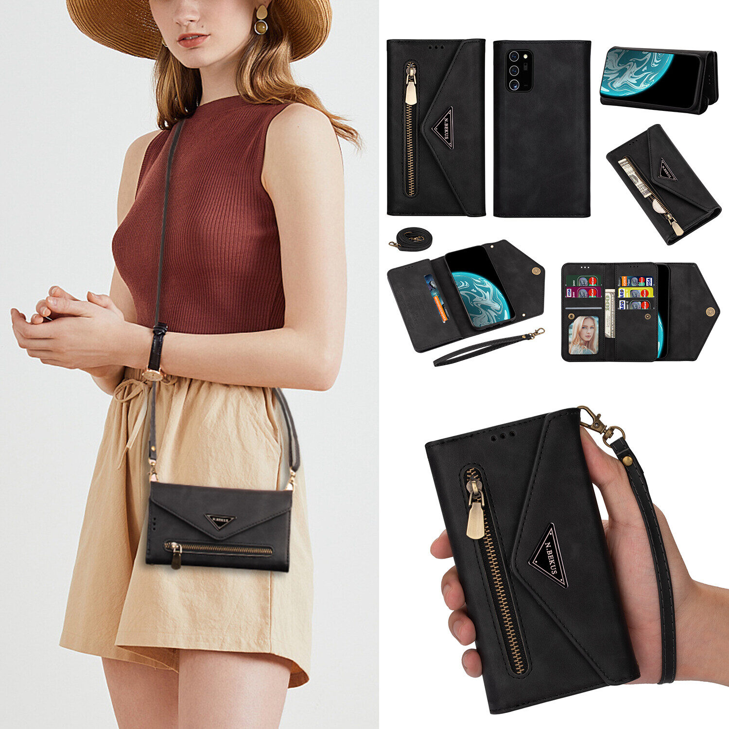 Ốp Cho Samsung Galaxy Note10 Plus S9 Plus S8 S10 Note9 Note8 Note 10 Lite A52S A22 S22 Ultra Note20 Ultra Ốp Lưng Dây Đeo Chéo Ví Có Khóa Kéo Tháo Rời Khe Đựng Thẻ Ba Lô Ốp Điện Thoại Bằng Da