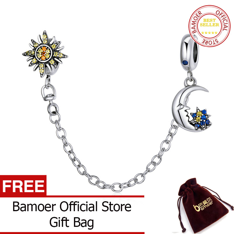 BAMOER The Whole Universe 925 Sterling Silver Round Safety Chain Sun Moon Stopper Charm fit Bracelets DIY Jewelry SCC1763