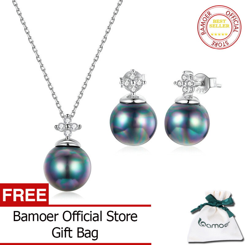 BAMOER 925 Sterling Silver Elegant Black Pearl Earrings Necklace Shell Pearl Necklace Chain for Women Fashion Jewelry Set ZHS232