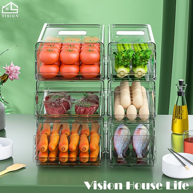 Vision Hộp Đựng Tủ Lạnh Có Thể Xếp Chồng Cho Thú Cưng Hộp Bảo Quản Tủ Lạnh Bằng Nhựa Trong Suốt Ngăn Kéo Tủ Lạnh, Hộp Đựng Đồ Thoát Nước Nhà Bếp Hộp Đựng Trái Cây Và Rau Củ Đông Lạnh