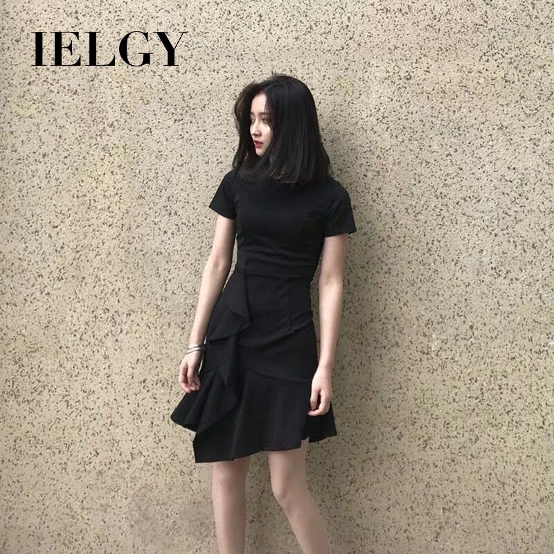IELGY fishtail skirt dress female summer was thin round neck short sleeve small black skirt
