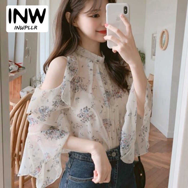 INWPLLR Fashion Women Blouse Floral Off Shoulder Tops Chiffon Ruffled Shirts Ladies Korean Style Elegant Folds Blouse