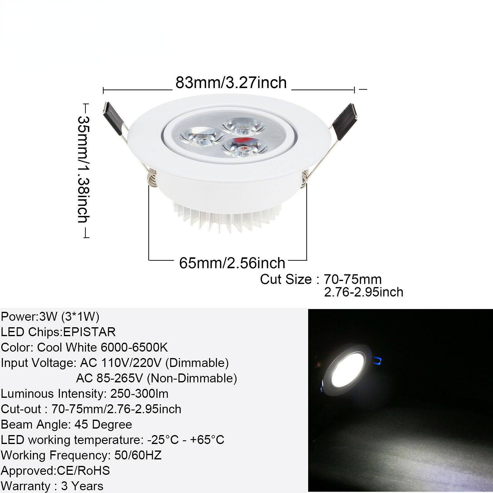 HOME WI Multi Color Dimmable 3W LED Ceiling Recessed Downlight Fixture Lamp Spot Light With Free Driver