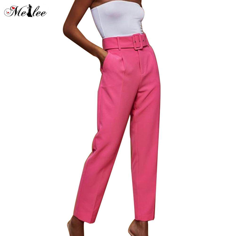 pink high waisted belted trousers
