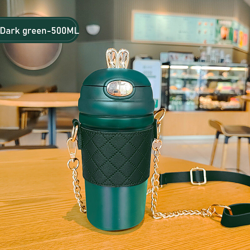 JJT 500ML thermos flask stainless steel flask heat-cold storage with cup chain vacuum flask stainless steel flexible drinking cup portable student cup