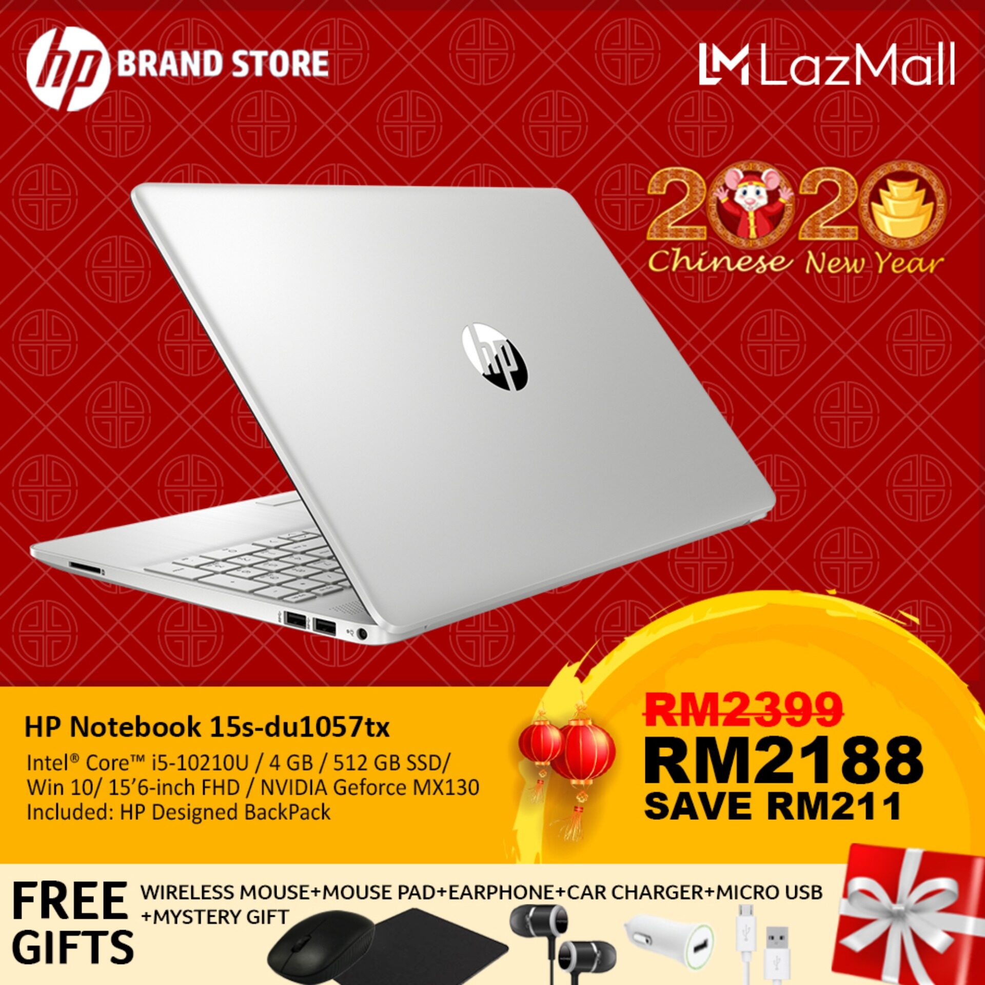 HP 15s-du1057tx/ 15s-du1058tx Notebook 9GB14PA Natural silver/ 9GB13PA Pale Gold /i5-10210U/4GB/512GB SSD/NV MX130-2GB/15.6-Inch FHD/Win10+Free Premium Gift Malaysia
