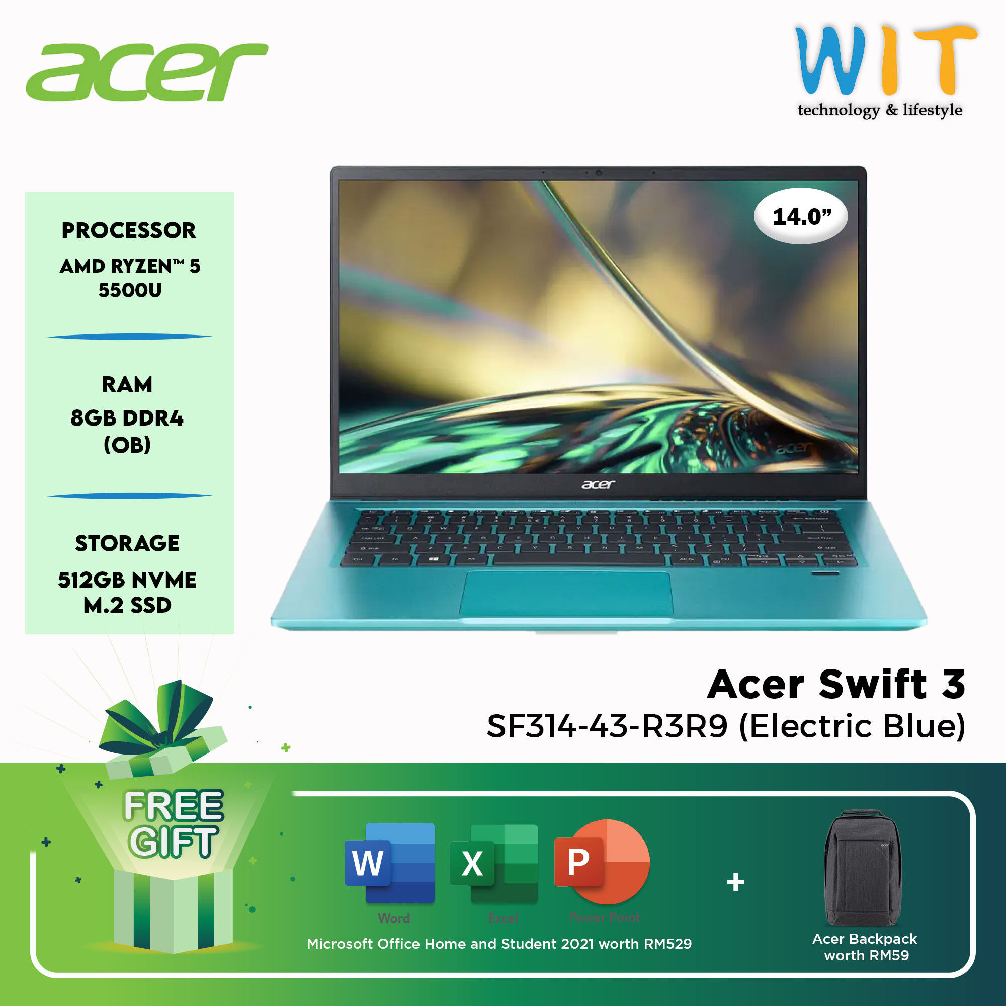 Acer Swift 3 SF314-43-R3R9 /AMD Ryzen 5 5500U /8GB RAM /512GB SSD /14"0 ...