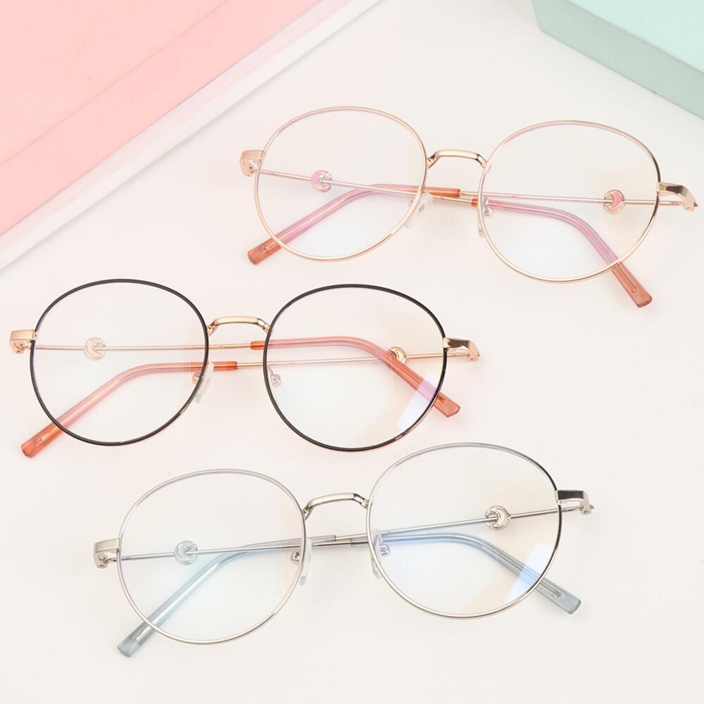 Kính Cận Thị Tròn Bằng Kim Loại 0 -1.0 1.5 Dành Cho Nữ Kính Cận Thị Chống Ánh Sáng Xanh Phụ Kiện Mặt Trăng, Kính Mắt Tráng Gương Chống Xanh Thời Trang-1.0 ~-4.0