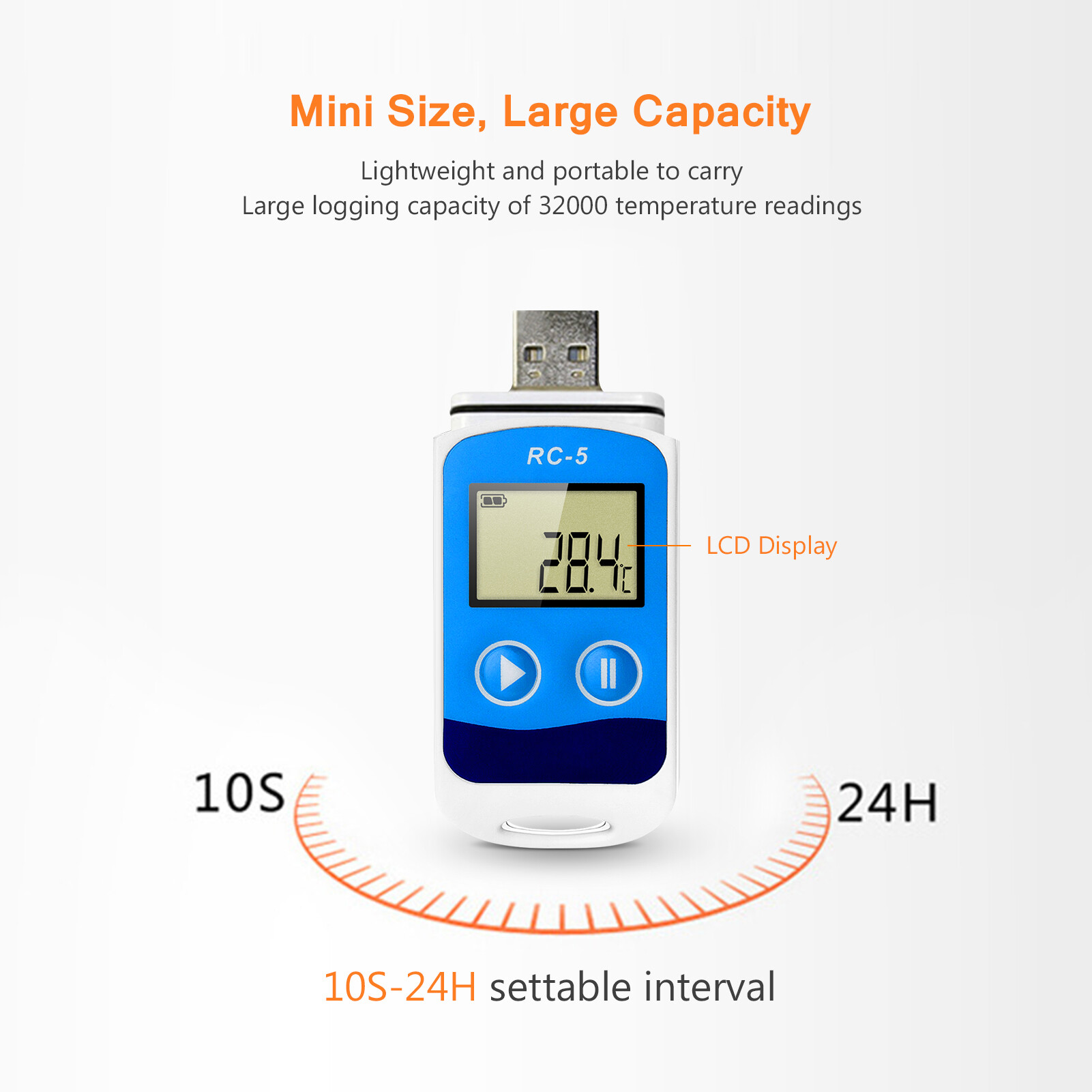 Smart Sensor Temperature Data Logger High Accuracy USB Data Recorder 32000 Points LCD Display IP67 Waterproof Industrial Data Loggers for Cold Chain Transportation