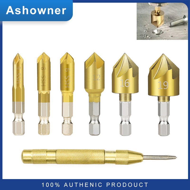 3/6pcs countersink drill bit set 1/4'' hex shank hss 5 flute countersink 90 degree wood chamfering cutter chamfer 6mm-19mm