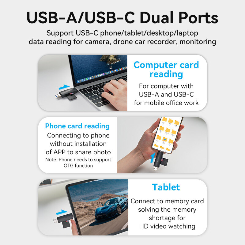 Vention USB 3.0 2 Trong 1 Đầu Đọc Thẻ Nhớ USB A Type C to SD TF Micro SD Bộ Chuyển Đổi cho Laptop OTG Smart Phone Tablet Desktop All in One Memory SD Card Reader